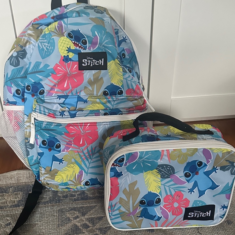 Disney Stitch Kids Backpack and Lunchbox - Blue and Pink Floral